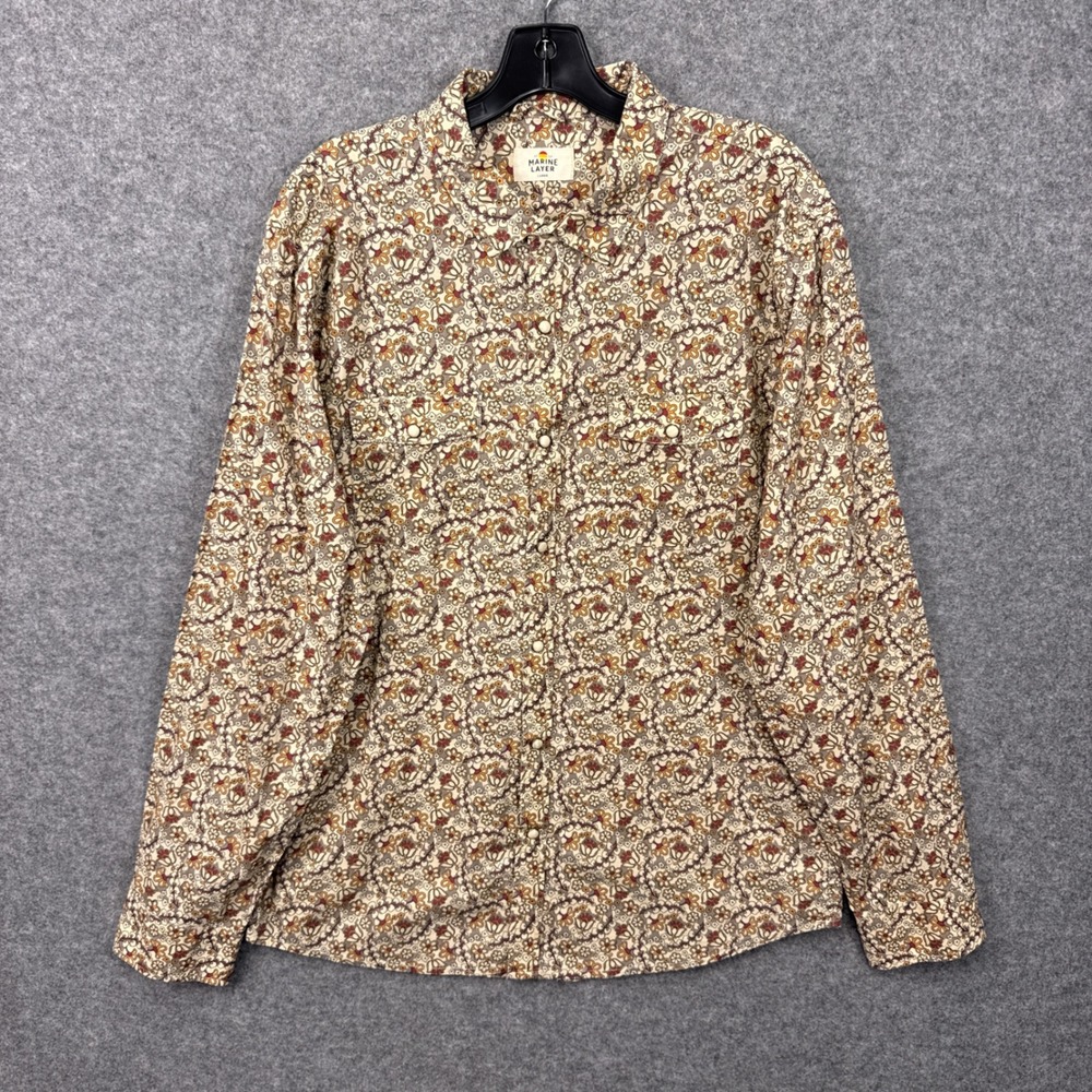 Marine Layer Shirt Mens Large Tan Floral Cotton Long Sleeve Pearl Snap Western